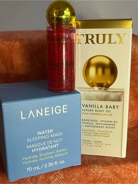 Vanilla Baby Luxury Body Oil, Laneige Sleep Mask, Truly Cherry Bomb